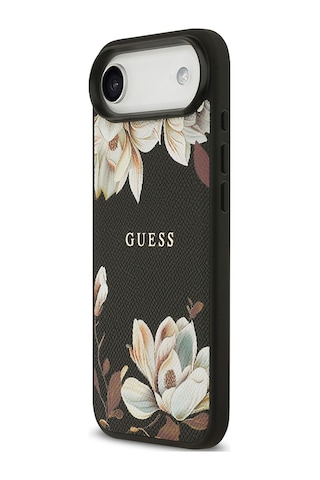 Apple Uyumlu iPhone 17 Air Kılıf Guess Lisanslı M-safeli Taneli Çiçek Tasarımlı Metal Yazı Logolu Siyah Siyah