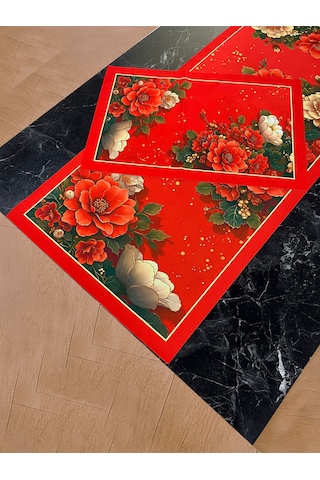 Aşk Gülü 3d Kırmızı Gül Desenli Masa Runner & 4 Lü Supla Takımı Renkli