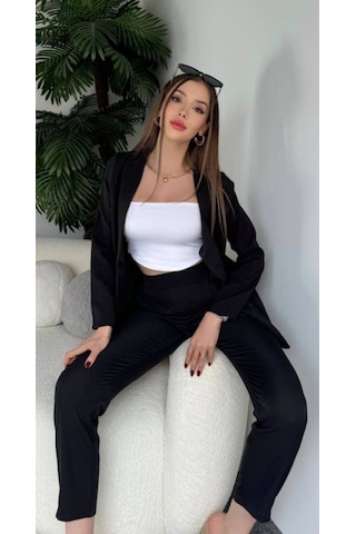 Efnaz Style Kadın Atlas Kumaş Ceket Pantolon Takım Siyah