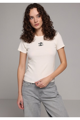 Colin's Colins Slim Fit Yuvarlak Yaka Nakışlı Kadın Ekru Kısa Kol Tişört Cl1079664 Q1.v1 Ecr