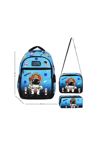3 Lü İlkokul Astronot Desenli, Erkek Çocuk Beslenmeli Ve Kalemlikli Okul Çantası Mavi