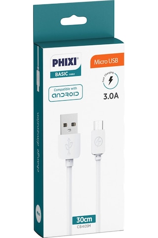 Phixi CB405M Basic 30 CM Micro USB Şarj ve Data Kablosu Beyaz