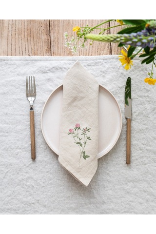4'lü Kır Çiçeği İşlemeli Peçete Seti, Doğal Keten Peçeteler Naturel