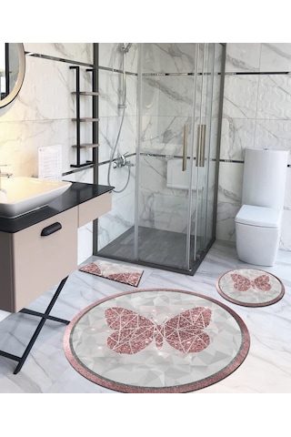 Kelebek- Pembe, Kaymaz, Organik Pamuk Taban Yuvarlak Banyo Hal...-100X100-60X60-40X60 Cm 3'Lü Set Çok Renkli