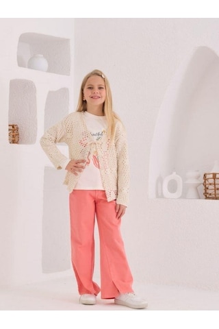 Kız Çocuk Üçlü Hırka Tshirt Pantolonlu Takım-15507 KREM