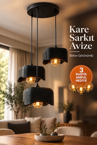 Beton Görünümlü 3'lü Kare Sarkıt Avize Modern Bohem Salon Yemek Masası G95 Rustik Led Ampul Hediyeli Siyah