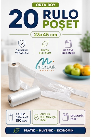 Rulo Poşet Orta Boy 20 Rulo Market Manav Poşeti Hışır Atlet Poşet Çöp Poşeti