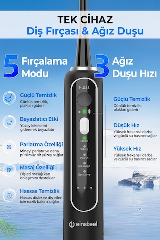 Einsteel Şarj Edilebilir Elektrikli Diş Fırçası , Su Püskürtmeli Ağız Duşu Ve Diş Temizleme Seti Siyah Şarjlı