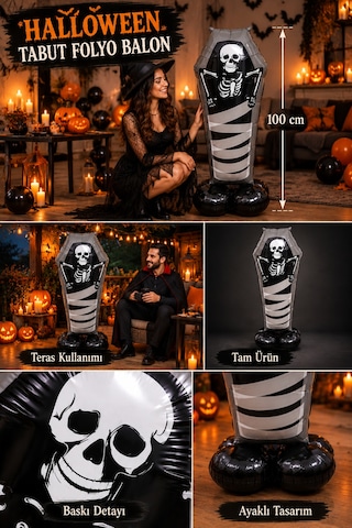 Halloween Cadılar Bayramı Ayaklı Tabut İskelet Folyo Balon 99x57 Cm Siyah Oda Dekoru Parti Süsü Çok Renkli
