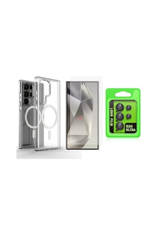 Vendas Galaxy Uyumlu S25 Ultra Kılıf M-safe Şarj Özellikli Şeffaf Sert Pc Zore Embos Kapak + Kamera Lens + Nano Ekran Koruyucu Şeffaf