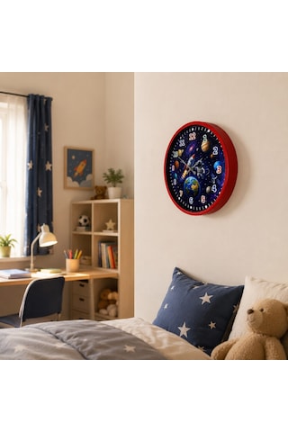 Uzay Gezgini 36 X 36 Cm Kırmızı Çocuk Duvar Saati Renkli