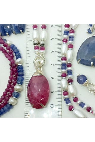 2779 Yakut Safir İnci Hematit Çelik Aparatlı El Yapımı Kolye Çok renkli