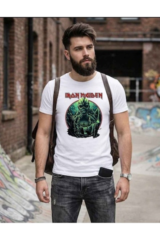 Erkek Iron Maiden Rock Metal Grubu Baskılı Pamuklu T-shirt Beyaz