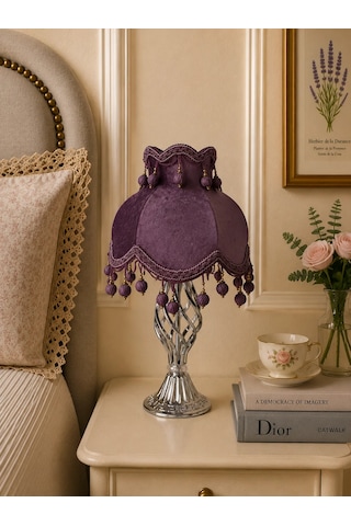 Mor Kadife Kaplı Ponpon Başlıklı Metal Ayaklı Klasik Vintage Abajur 55x25cm