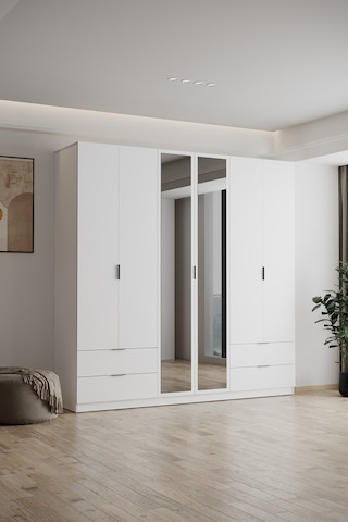 Evdemo Yakut Aynalı 6 Kapaklı 4 Çekmeceli Gardırop 210 Cm Beyaz