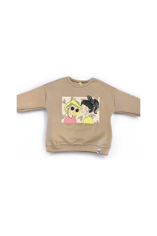 Kız Çocuk Kalın Kız Baskılı İçi Şardonlu Sweatshirt-14345 Bej