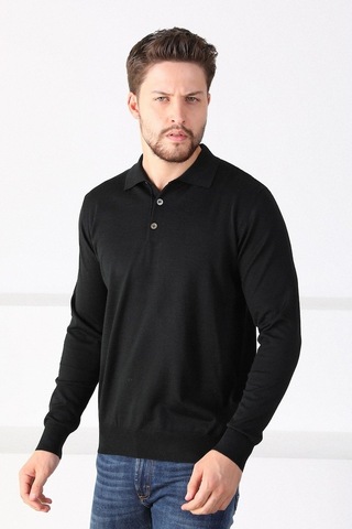 Ferraro Siyah Polo Yaka Superfine Erkek Triko Kazak Siyah