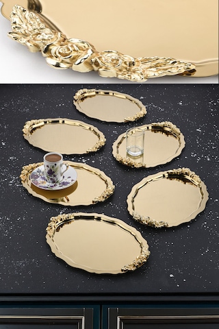 6 Adet Oval-bulut Model Kulplu Kahve-çay Sunum Tepsisi 25x20 Cm
