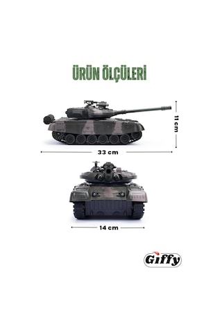 Oyuncak Şarjlı Uzaktan Kumandalı Rc Tank 33 Cm 360 Döner Gövde Işıklı Sesli Atış Efektli Yeşil