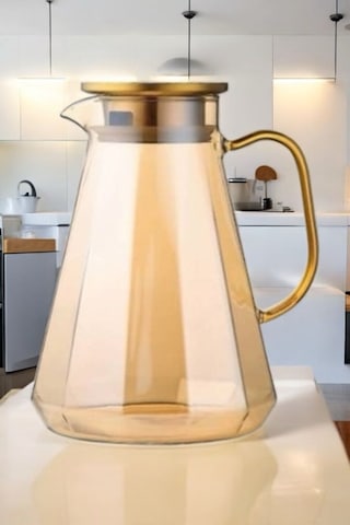 Morponi Borosilikat Cam Metal Kapaklı Lüks Elmas Sürahi 1900 Ml Gold
