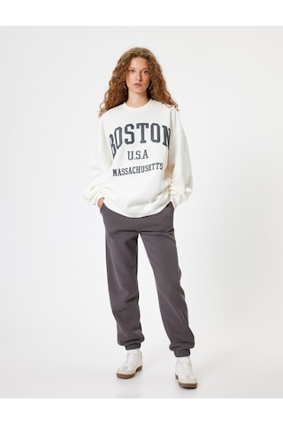 Koton Oversize Sweatshirt Bisiklet Yaka Kolej Baskılı Uzun Kollu Şardonlu Ekru 5wal10090ık Ekru