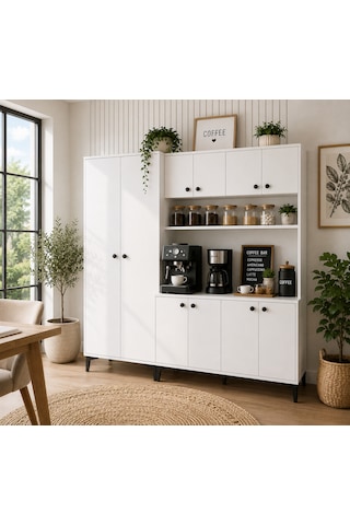 Alvion 190 Cm 2 Kapaklı Kahve Köşesi Çok Amaçlı Dolap Kiler Mutfak Dolabı Beyaz