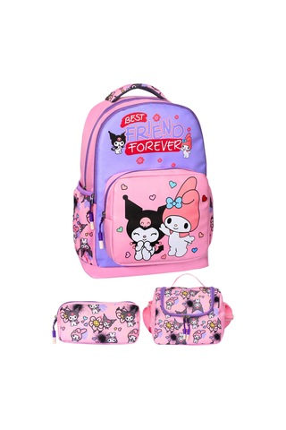 3 Lü İlkokul Kuromi Melody Baskılı Pembe, Kız Çocuk Beslenmeli Ve Kalemlikli Okul Çantası Pembe