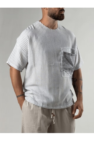 Cocopelli Beyaz Çizgili Patch Bohem Erkek T-shirt Coc3279