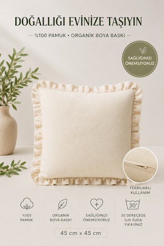 4'lü Fırfırlı Düz Krem Dekoratif Kırlent Kılıfı %100 Pamuk Fermuarlı 45x45 Cm Şeffaf