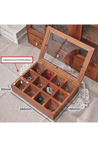 Pazly Ahşap Takı Organizatörü - 12 Bölme, Şeffaf Kapaklı, Kahverengi, Kolye, Küpe, Yüzük Saklama Kutusu Kahverengi