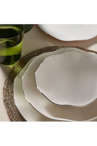 Güral Porselen Nesrin İki Mm Platin 30 Parça 6 Kişilik Bone Porselen Yemek Takımı Beyaz - Platin