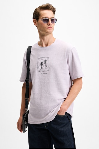 Grimelange DAPPERLY Erkek Ön Baskı Ve Nakış Detaylı Organik Pamuk Bisiklet Yaka Regular Fit Lila T-Shirt