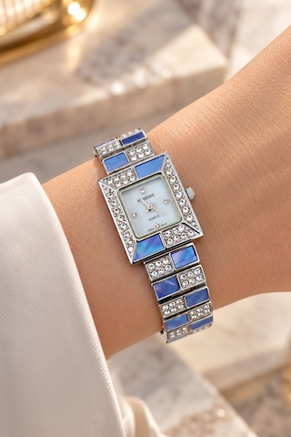 Rubenis Swiss Kadın Kol Saati 22x18 Mm Kristal Taşlı Çelik Kasa Ve Bilezik Mavi Sedef Detaylı Gümüş