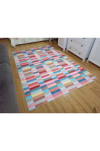 Modern Renkli Blok Desenli Geometrik Halı - 12439ou Pembe