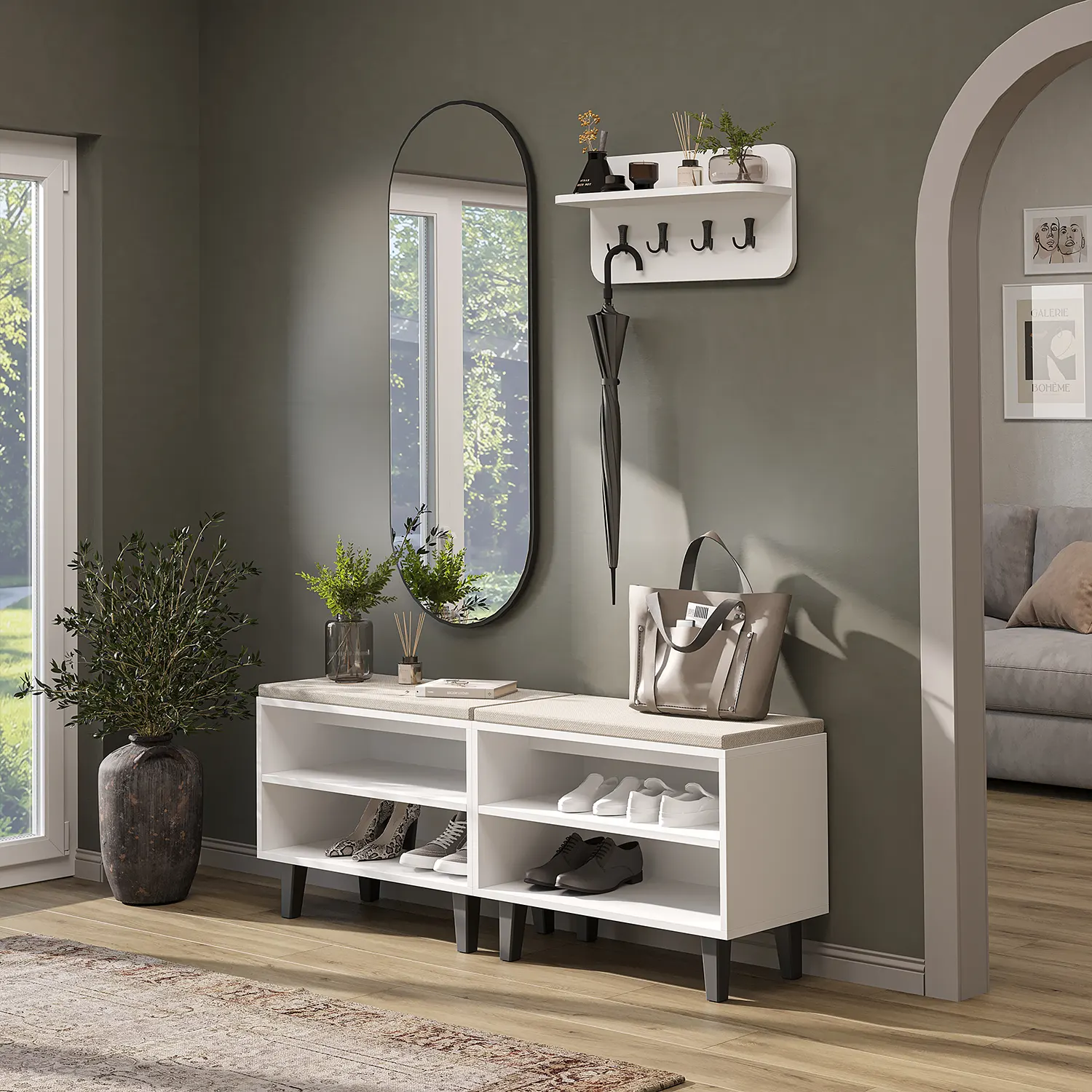 Nord Vestiyer Takımı Askılıklı, Modüler, Bench, Oval Aynalı Portmanto Takımı Beyaz