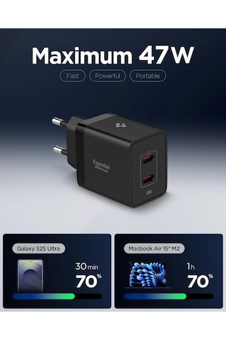 Spigen 47w Usb-c 2 Port Mini Hızlı Şarj Aleti Samsung Pps 2.0 / Isı Düşürücü Gan Pro Akım Korumalı Pd 3.0 / Scp / Fcp Protokol Güç Adaptörü İphone & Android & İpad & Macbook Type-c Black