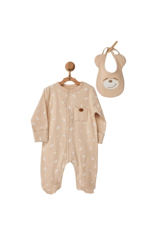 Andywawa Erkek Bebek Ayıcık Kabartmalı Önlüklü Tulum Takım AC2276 Bej