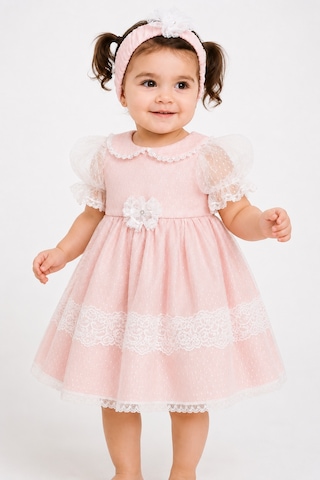 Babyhola Dantel Detay Özel Tasarım Kız Bebek Çocuk Abiye Elbise Saç Bandı Mevlüt Doğum Günü Set 7029 Pudra