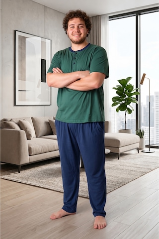 Bravie Erkek Yakası Düğmeli Altı Uzun Kısa Kollu Pamuklu Büyük Beden Yazlık Pijama Takımı Yeşil Yeşill