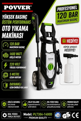 Povver PLT304-1400D 1400W 120 Bar Profesyonel Yüksek Basınçlı Yıkama Makinesi