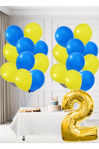 2 Yaş Sarı Lacivert Taraftar Temalı Doğum Günü Seti Sarı Lacivert Balonlar Altın Folyo Rakam Sarı