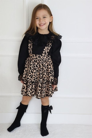 Kız Çocuk Helen Leopar Askılı Kat Kat Bağlama Jile Elbise Dantel Detay  Uzun Kollu Bluz Takım