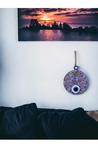 Mandala Desen Mavi Mor Nazar Boncuklu Füzyon Cam El İşçiliği 12 Cm Duvar Süsü Nazarlık Hediyelik Eşya