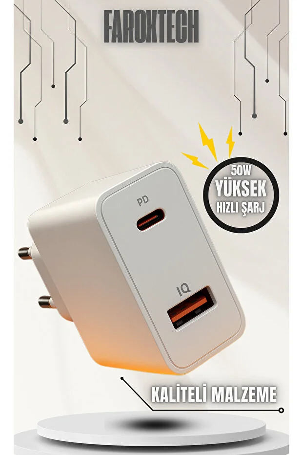 50w Type-c Hızlı Şarj Aleti + Kablo Ekonomik Set Süper Hızlı Şarj Tüm Type-c Modellerle Uyumlu