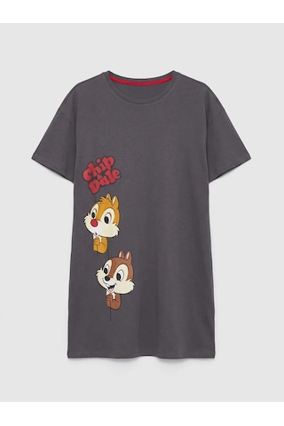Lc Waikiki Gri Bisiklet Yaka Chip And Dale Baskılı Kadın Gecelik