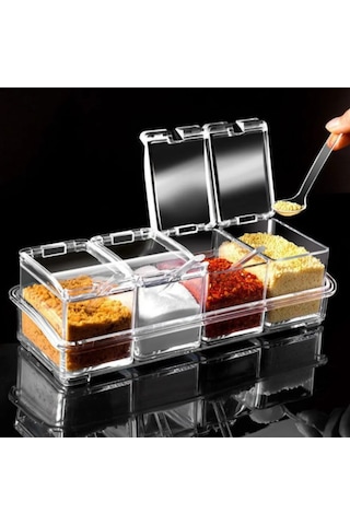 Kosona Ev Mutfak 4 Bölmeli Transparan Baharat Kutusu, Tuzluk Depolama Kutu, Pişirme İçin Şeffaf Baharat Kabı Kaşık İle ŞEffaf