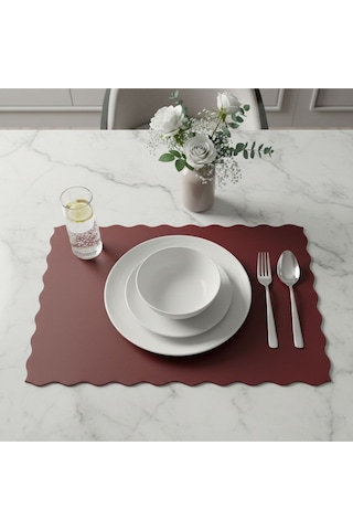 4+1 Adet Deri Runner-deri Supla-fırfır Desenli Runner-amerikan Servis 40x140 Cm/33x44 Cm Bordo