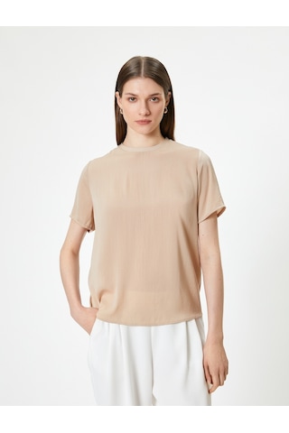 Koton Basic Bluz Aerobin Saten Kumaş Kısa Kollu Bisiklet Yaka Rahat Kalıp Bej 4sak60078pw Ekru