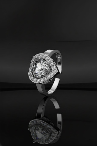 925 Ayar Zirkon Taşlı Rodyum Pırlanta Işıltılı Kalp Ayarlanabilir Gümüş Yüzük Gümüş