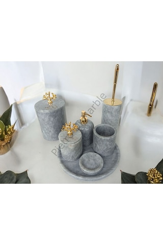 Gri Mermer Klasik Model 7 Parça Gold Renk Mercan Aksesuarlı Banyo Seti Gri